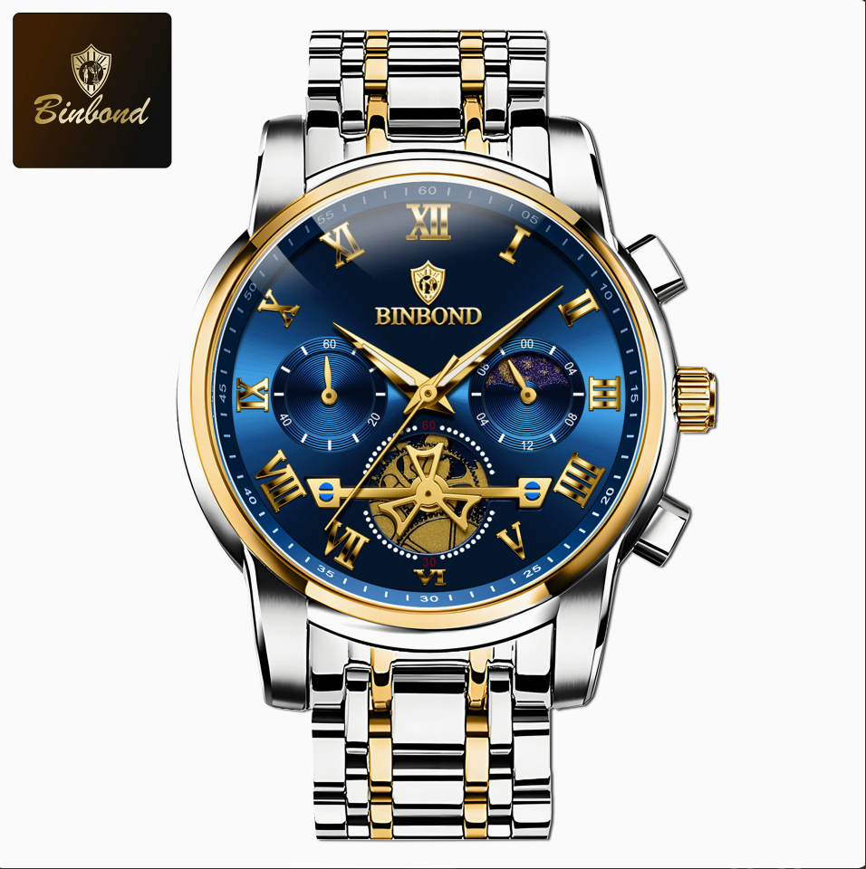 BINBON Multifunctional Quartz Watch with Luminous Luminous Skeleton and Waterproof Design for Men