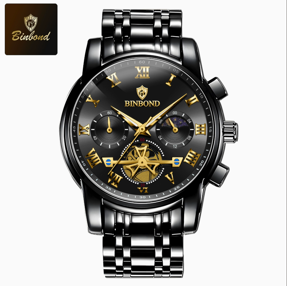 BINBON Multifunctional Quartz Watch with Luminous Luminous Skeleton and Waterproof Design for Men